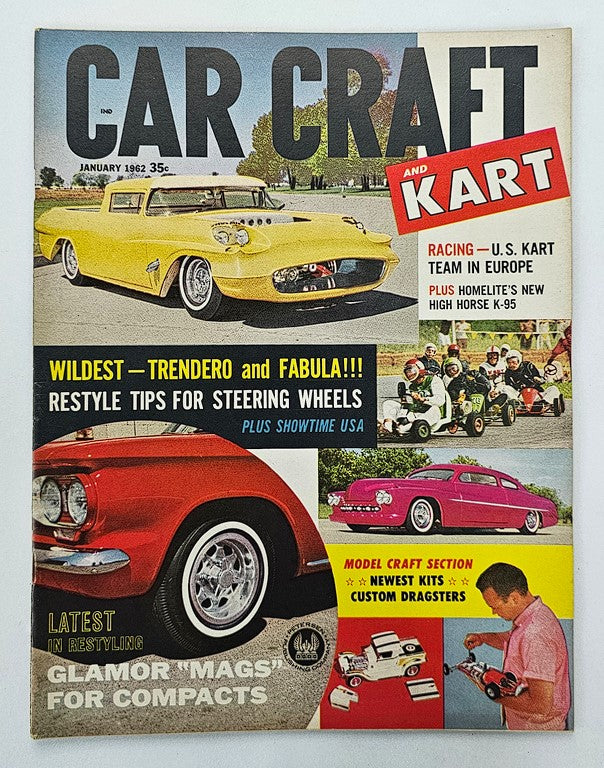 Cover of the vintage VTG Car Craft Magazine from January 1962 featuring the articles 'Wildest Trendero' and 'Fabula', showcasing classic cars and automotive design trends of the 1960s.