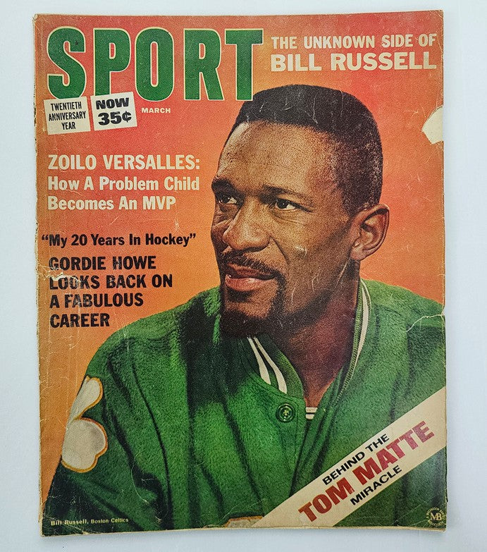 VTG Sport Magazine March 1966 featuring NBA Star Bill Russell and football star Tom Matte, showcasing a vintage cover highlighting the iconic athletes and their contributions to sports.