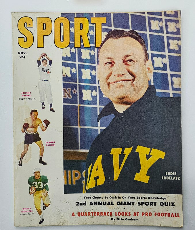 VTG Sport Magazine November 1955 featuring Eddie Erdelatz on the cover, alongside Johnny Podres, Carmen Basilio, and Whitey Routhier, highlighting iconic sports figures and stories from the era.