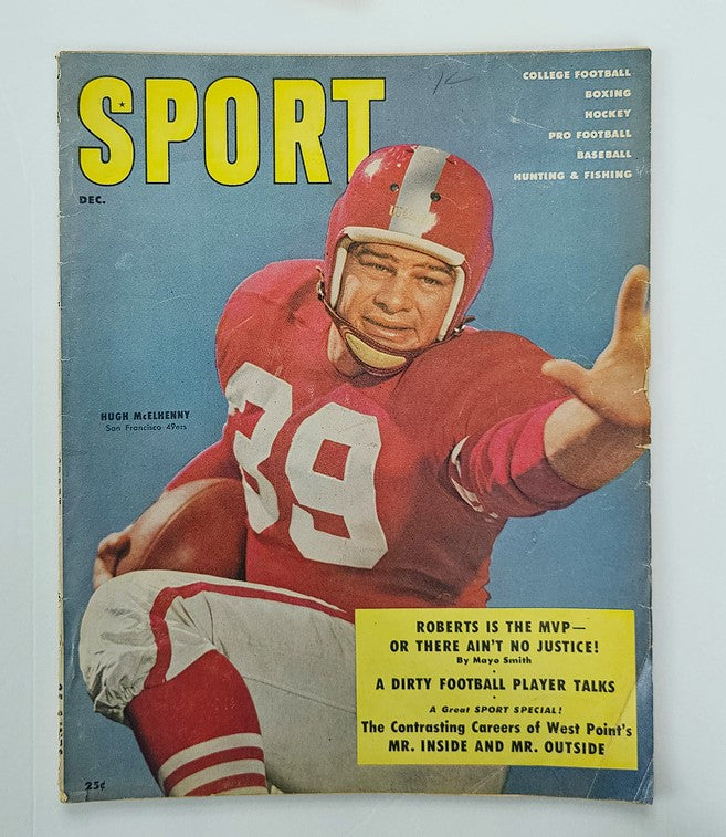 Cover of VTG Sport Magazine December 1955 featuring Hugh McElhenny in red football uniform, showcasing sports memorabilia and nostalgic content.