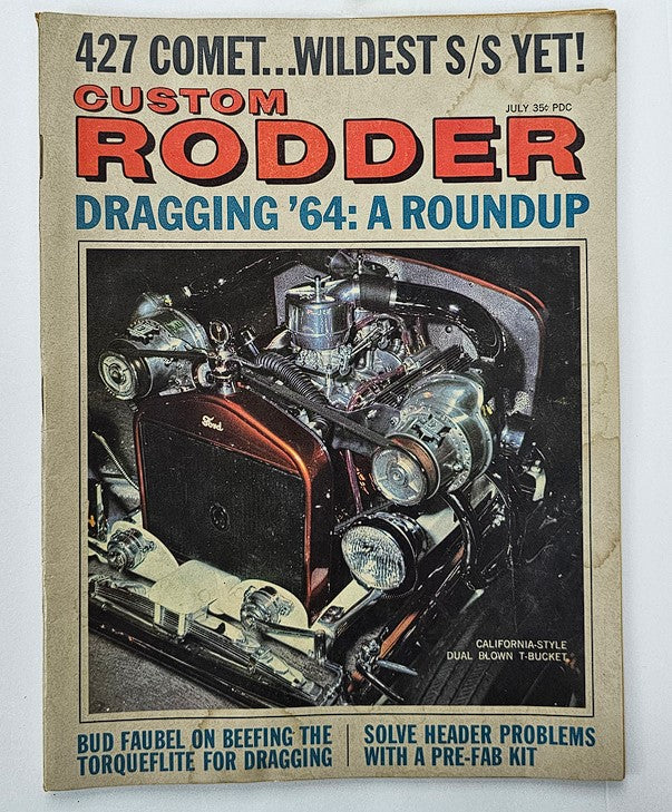 VTG Custom Rodder Magazine July 1964 showcasing the California Dual Blown T-Bucket on the cover. Features detailed automotive content and vintage car culture from the 1960s.