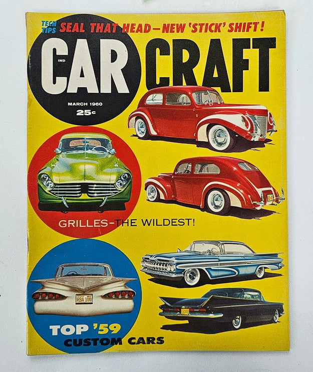 VTG Car Craft Magazine March 1960 Cover showcasing the Top '59 Custom Cars with various vintage cars including a green car, two stylish red cars, and a blue car against a vibrant yellow background.