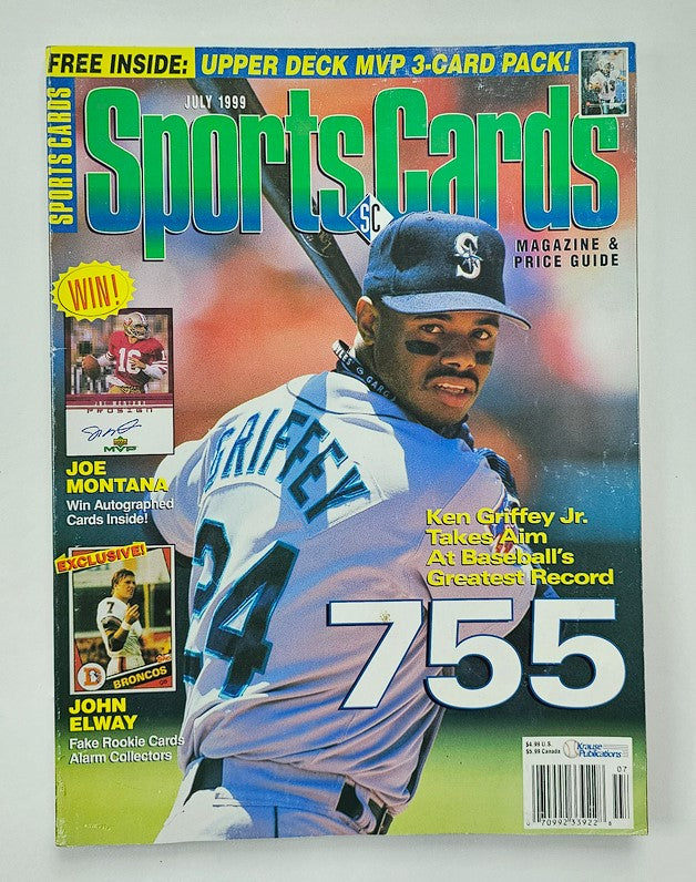 Sports Cards Magazine July 1999 featuring Ken Griffey Jr. on the cover, highlighting Joe Montana and John Elway, and promoting a free Upper Deck MVP 3-card pack. This collectible magazine captures baseball history with Griffey aiming for 755 home runs.