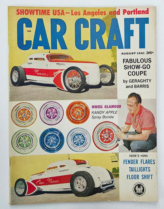 VTG Car Craft Magazine August 1961 featuring Kandy Apple Spray Bombs, showcasing a vintage car design and colorful wheel options.