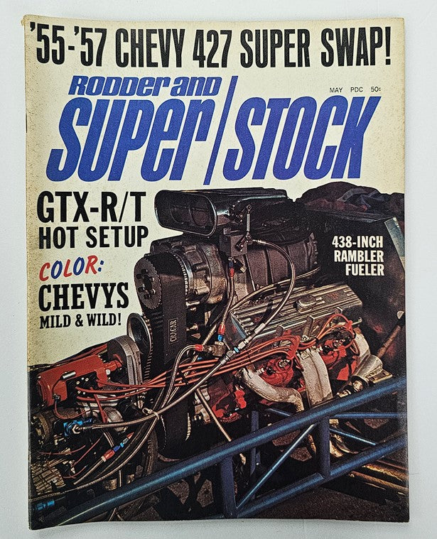 VTG Rodder and Super Stock Magazine from May 1968 featuring the 438-Inch Rambler Fueler on the cover, showcasing vintage automotive content and high-performance car culture.