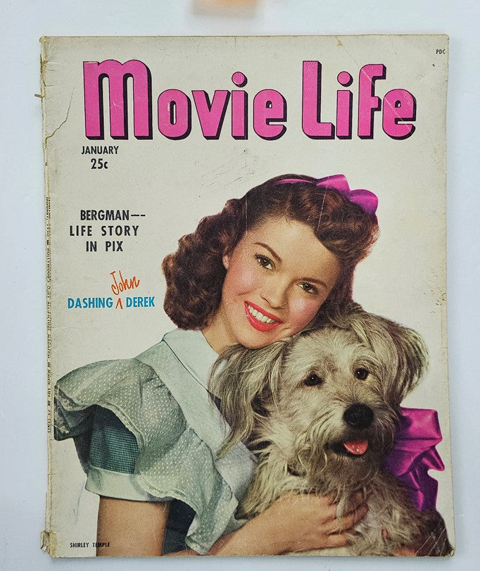 VTG Movie Life Magazine from January 1950 featuring Shirley Temple on the cover, alongside a feature story about Ingrid Bergman, showcasing classic Hollywood charm.