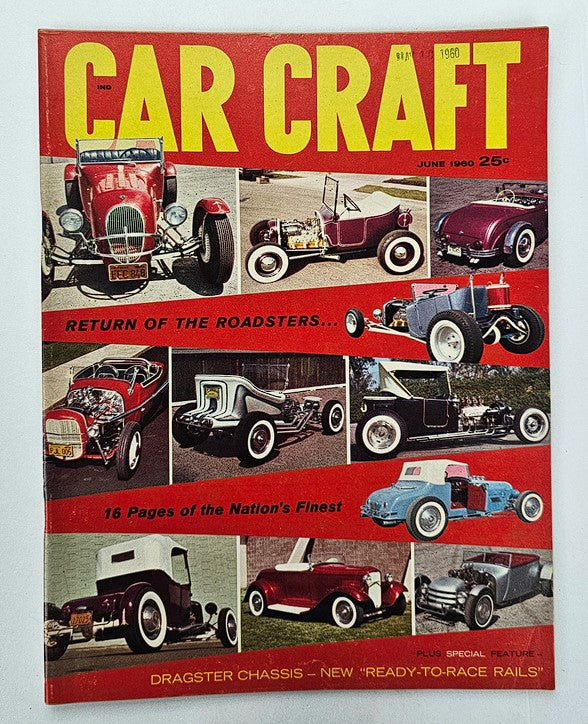 Car Craft Magazine June 1960 cover featuring the title 'RETURN OF THE ROADSTERS...' with colorful images of classic roadster cars and a vintage design that reflects the automotive culture of the 1960s.