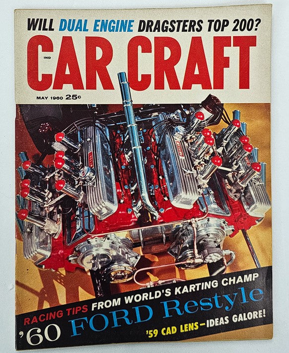 Cover of the May 1960 VTG Car Craft Magazine featuring the title 'Car Craft', highlighting the world's karting champion and showcasing the '60 Ford Restyle, along with racing tips and vibrant automotive imagery.