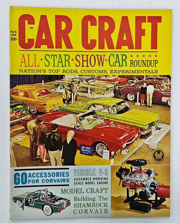 Cover of VTG Car Craft Magazine August 1962 featuring the Visible V-8 Scale Model Engine, showcasing a vibrant display of classic cars from the era, including custom and experimental vehicles.