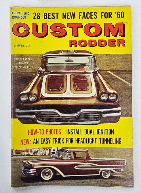 Cover of VTG Custom Rodder Magazine January 1960 featuring the Ruby Ranch article, highlighting custom cars with a vibrant design, including a 1960s classic truck and bold graphics.