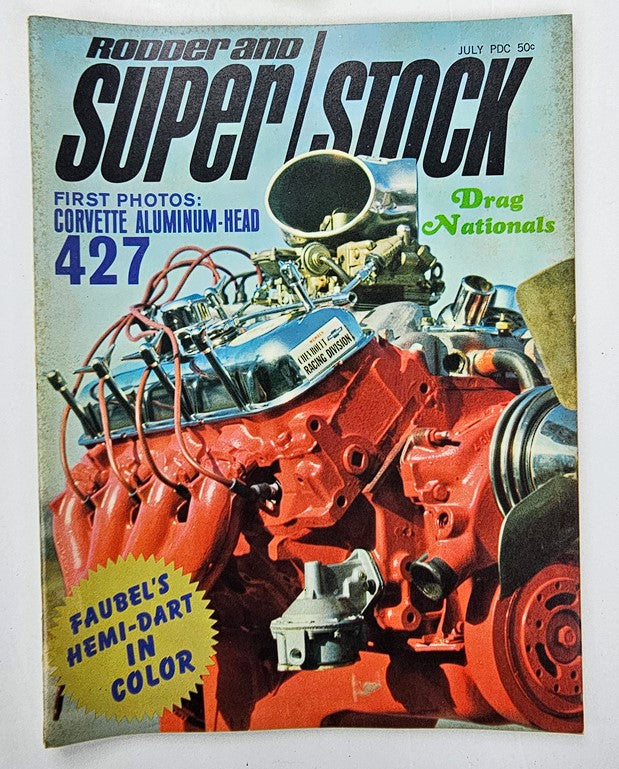 Cover of Rodder and Super Stock Magazine, July 1967 featuring the Corvette with aluminum heads and a vibrant red engine. This vintage magazine showcases the iconic performance car culture of the 1960s.