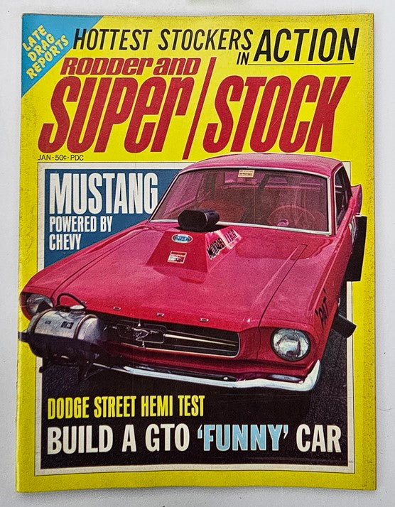Cover of VTG Rodder and Super Stock Magazine January 1966 featuring a Mustang Powered Chevy. The magazine highlights the hottest stockers in action, showcasing classic car culture, with a vibrant red Mustang on the cover.