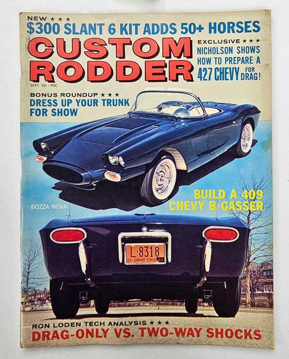 Cover of Custom Rodder Magazine September 1963 Vol 12 #6 featuring the iconic Bozza Nova with engaging headlines about automotive culture and car customization.