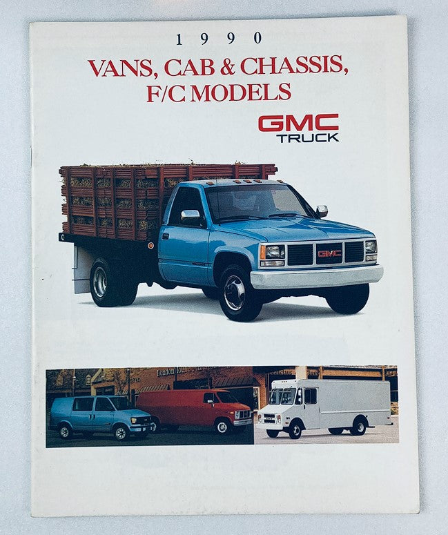 1990 GMC Vans, Cab & Chassis F/C Models Truck Dealer Sales Brochure featuring a blue GMC truck and illustrations of different models.