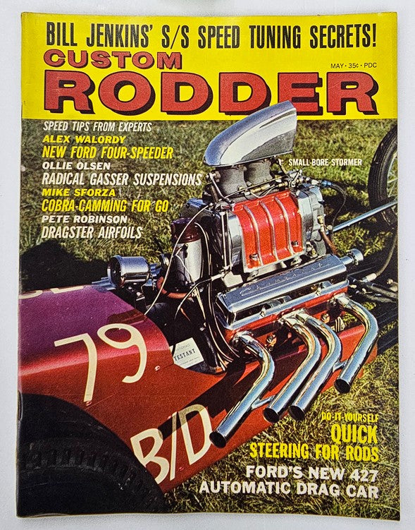 Cover of VTG Custom Rodder Magazine May 1964 Vol 13 #4 featuring Small-Bore Stormer, showcasing vibrant automotive illustrations and details related to speed tuning and custom cars.