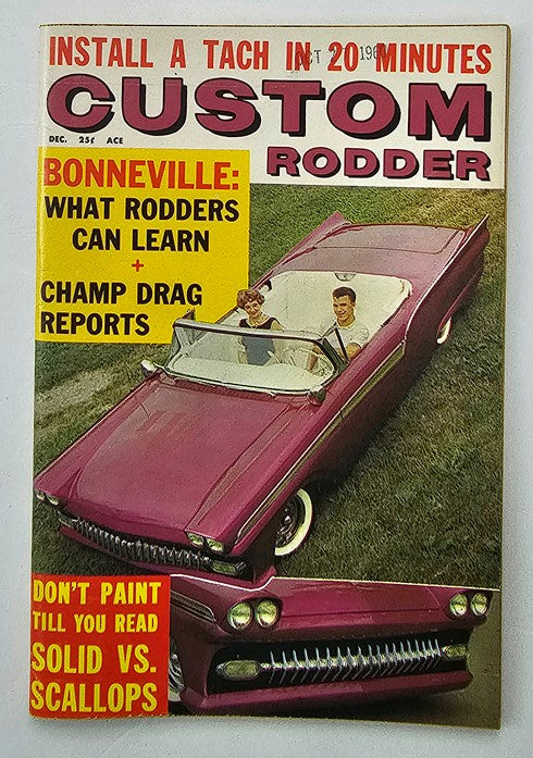 Vintage Custom Rodder Magazine cover from December 1960, Volume 7, Number 6. Features a classic pink custom car and highlights the article 'Solid vs Scallops'.