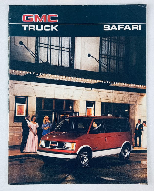 1986 GMC Safari Truck Dealer Sales Brochure featuring a red GMC Safari truck parked in front of a theatre, showcasing its stylish design and allure.