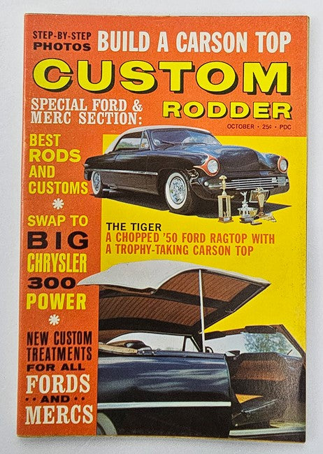 VTG Custom Rodder Magazine October 1961 Vol 9 No 4 '50 Ford Ragtop cover showcasing custom car culture with a black chopped '50 Ford ragtop featuring trophy prizes and step-by-step photos for building a carson top.