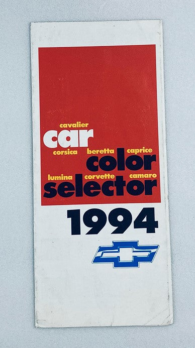 1994 Chevrolet Passenger Car Exterior Colors Sales Brochure showcasing the car color selector with prominent names like Cavalier, Corsica, Beretta, Caprice, Lumina, Corvette, and Camaro.