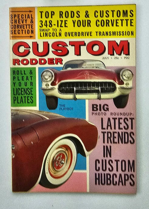 VTG Custom Rodder Magazine July 1961 featuring vibrant cover art showcasing a classic car and custom hubcaps, highlighting the latest trends in custom automotive design.