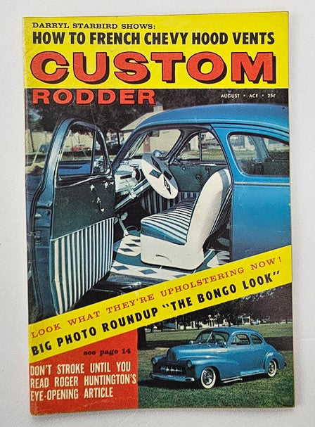 VTG Custom Rodder Magazine August 1960 Vol 7 No 2 The Bongo Look featuring a classic blue car interior and striking magazine cover design.