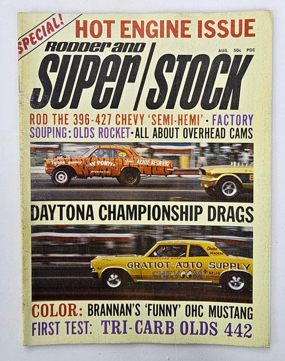 Cover of VTG Rodder and Super Stock Magazine from August 1966 featuring Daytona Championship Drags, showcasing racing cars and articles on hot engines and modifications.