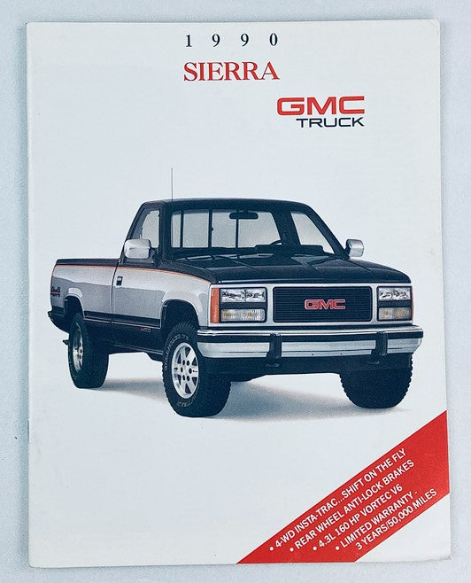1990 GMC Truck Sierra 4-WD Insta-Trac sales brochure featuring a black and silver pickup truck with the GMC logo, highlighting specifications such as 4WD Insta-Trac, anti-lock brakes, and a 5.7L V8 engine.