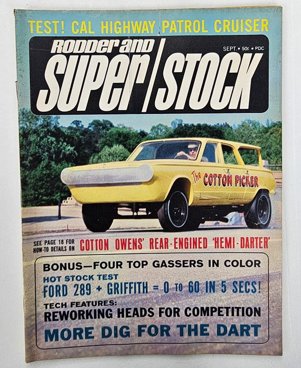 Cover of VTG Rodder and Super Stock Magazine from September 1965 featuring Owen's Hemi-Darter, showcasing a classic automotive design with the 'Cotton Picker' car and bold text highlighting featured articles and tests.