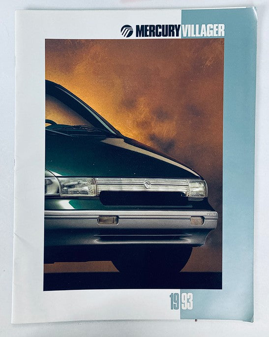 Cover page of the 1993 Mercury Villager Dealer Showroom Sales Brochure Guide Catalog, featuring a close-up of the vehicle's front with a vintage aesthetic background.
