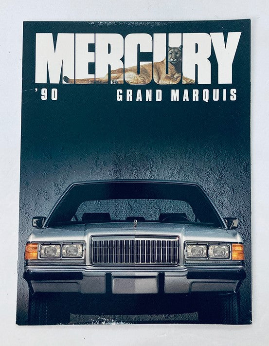1990 Mercury Grand Marquis Dealer Showroom Sales Brochure showcasing the front view of the car with a striking design and an elegant display, ideal for collectors and enthusiasts.