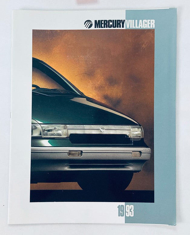 Cover of the 1993 Mercury Villager Car Dealer Showroom Sales Brochure Guide Catalog featuring a front view of the vehicle against a dramatic background.