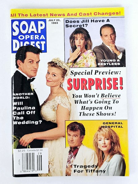 Soap Opera Digest Magazine July 20 1993 cover featuring Tom Eplin and Judi Evans with headlines about soap opera surprises and previews.