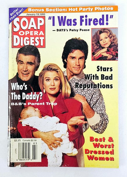 Soap Opera Digest magazine cover from January 19, 1993, featuring John McCook and Katherine Lang. The cover highlights articles including 'I Was Fired!' with Days of Our Lives' Patsy Pease and features on stars with bad reputations, as well as the best and worst dressed women.