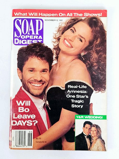 Soap Opera Digest Magazine November 12 1991 featuring Peter Reckell and Crystal on the cover, showcasing vibrant early '90s soap opera culture with headlines about dramatic storylines and a wedding feature.