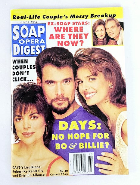 Soap Opera Digest Magazine June 7 1994 cover featuring Lisa Rinna, Robert Kelker-Kelly, and Kristian Alfonso, highlighting soap opera drama and nostalgia from the 90s.