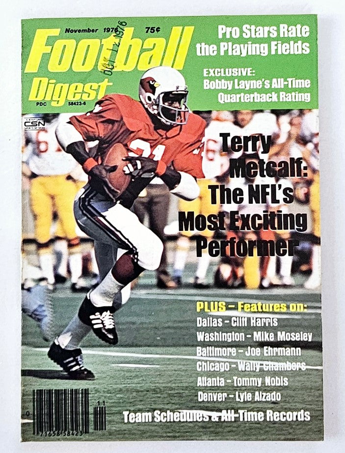 Cover of VTG Football Digest Magazine from November 1976 featuring Terry Metcalf, highlighting him as the NFL's Most Exciting Performer. The magazine includes features on various NFL teams and players, encapsulating the spirit of 1970s football.