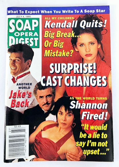 Cover of Soap Opera Digest Magazine dated July 4, 1995, showcasing headlines about Kendall's departure, surprise cast changes, and featuring characters from various soap operas, highlighted by images of actors in dramatic poses.