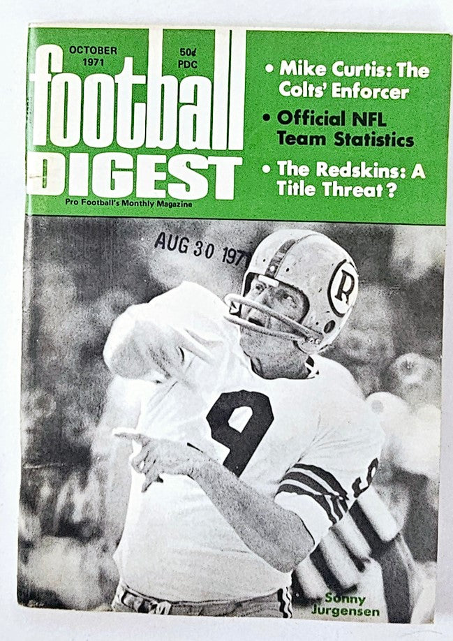 VTG Football Digest Magazine October 1971 featuring Sonny Jurgensen, showcasing a vintage cover with highlights on football topics such as Mike Curtis and NFL team statistics.