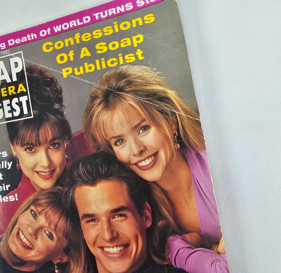 Close-up of Soap Opera Digest Magazine March 30 1993 highlighting the cover heading 'Confessions Of A Soap Publicist' with images of popular soap stars.