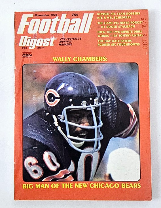 Cover of VTG Football Digest Magazine from November 1975 featuring Wally Chambers, showcasing the prominent linebacker of the Chicago Bears, with highlights including NFL rosters and notable articles.
