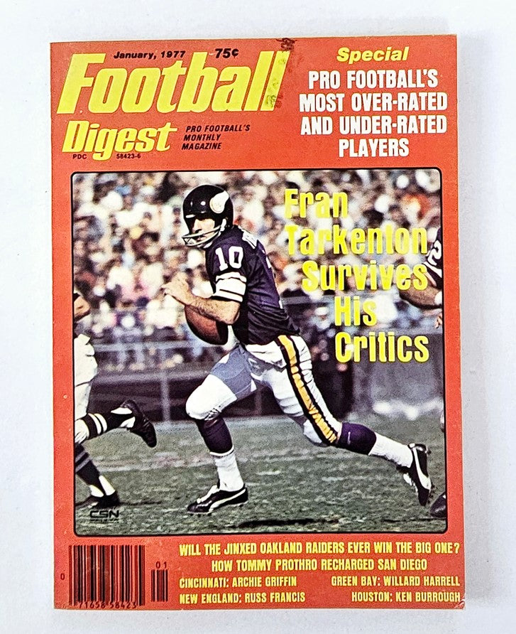 January 1977 issue of Football Digest featuring Fran Tarkenton on the cover, showcasing the legendary quarterback in action with the headline 'Fran Tarkenton Survives His Critics', a collectible vintage magazine from Original Magazines.
