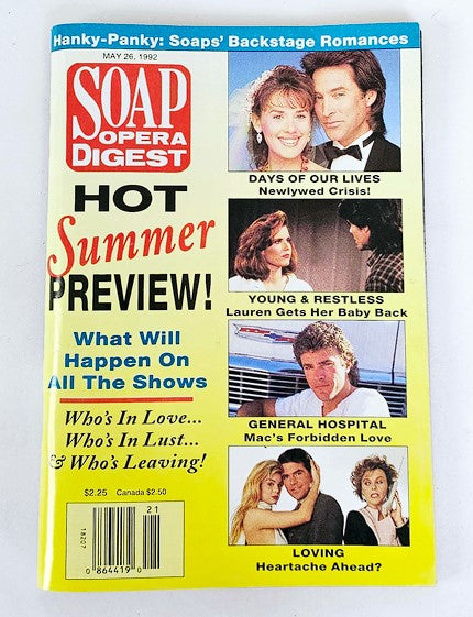 Soap Opera Digest Magazine cover from May 26, 1992, featuring stories on soap operas such as 'Days of Our Lives' and 'The Young and the Restless.' Highlights include 'Hot Summer Preview' and character updates like Lauren's baby situation and Mac's forbidden love.