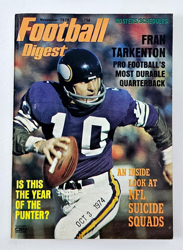 VTG Football Digest Magazine November 1974 featuring Fran Tarkenton on the cover, highlighting his status as Pro Football's Most Durable Quarterback.