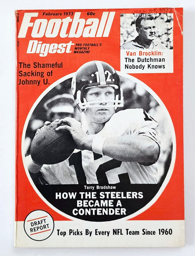 Cover of VTG Football Digest Magazine February 1973 featuring Terry Bradshaw and Van Brocklin, showcasing article on the Steelers' rise as contenders and highlights from the 1972 season.
