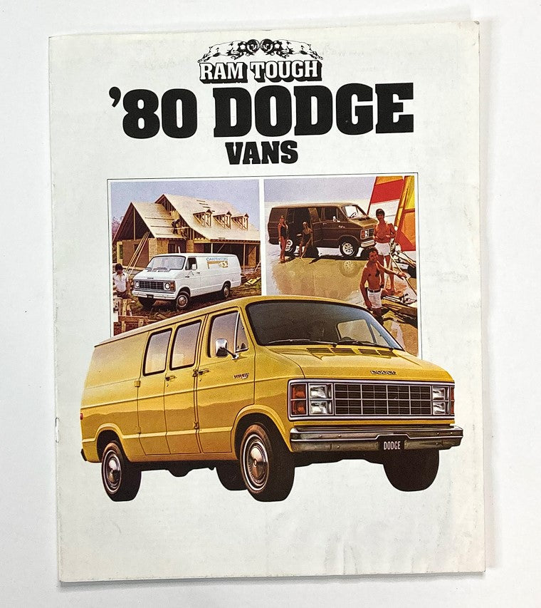1980 Dodge Vans Ram Tough Dealer Showroom Sales Brochure Guide Catalog featuring a yellow Dodge van with images of additional vans and activities, suitable for collectors and automotive enthusiasts.