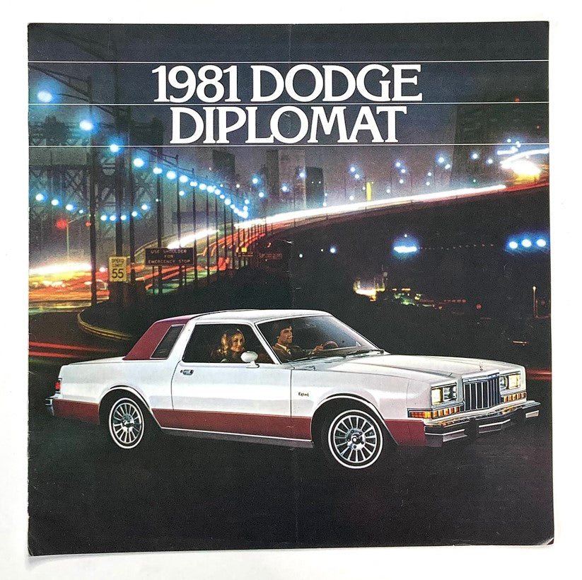 Cover of the 1981 Dodge Diplomat Dealer Showroom Sales Brochure Guide Catalog featuring a side view of a Dodge Diplomat car against a vibrant cityscape backdrop, showcasing the vehicle's classic design and marketing appeal.