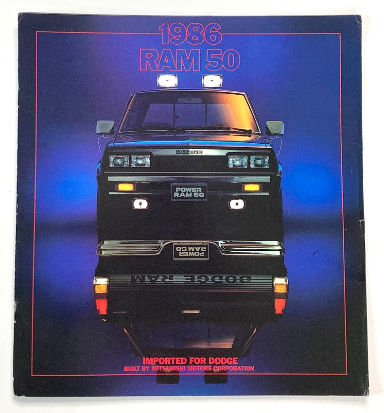 1986 Dodge Ram 50 Dealer Showroom Sales Brochure showcasing the front view of the truck, highlighting its distinctive design and features with a vibrant background.