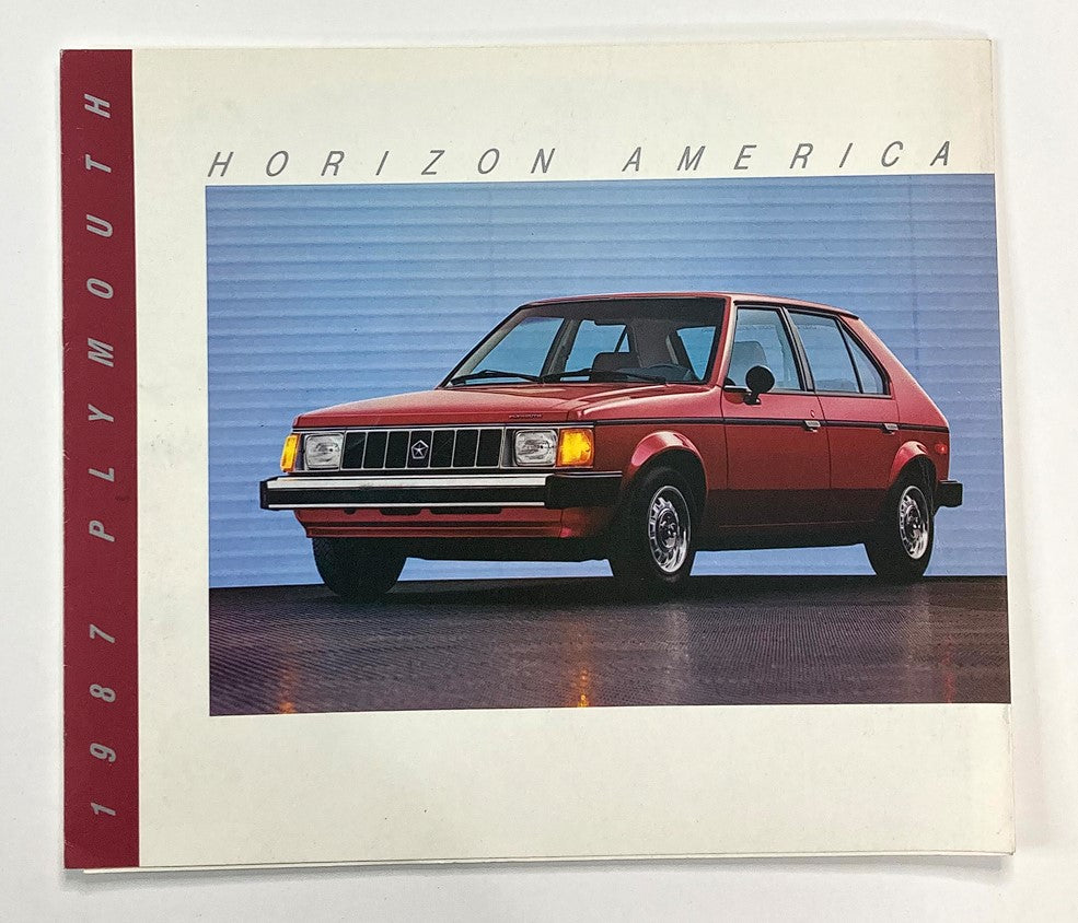 1987 Plymouth Horizon America Dealer Showroom Sales Brochure Guide Catalog featuring a red Plymouth Horizon car on a sleek background.