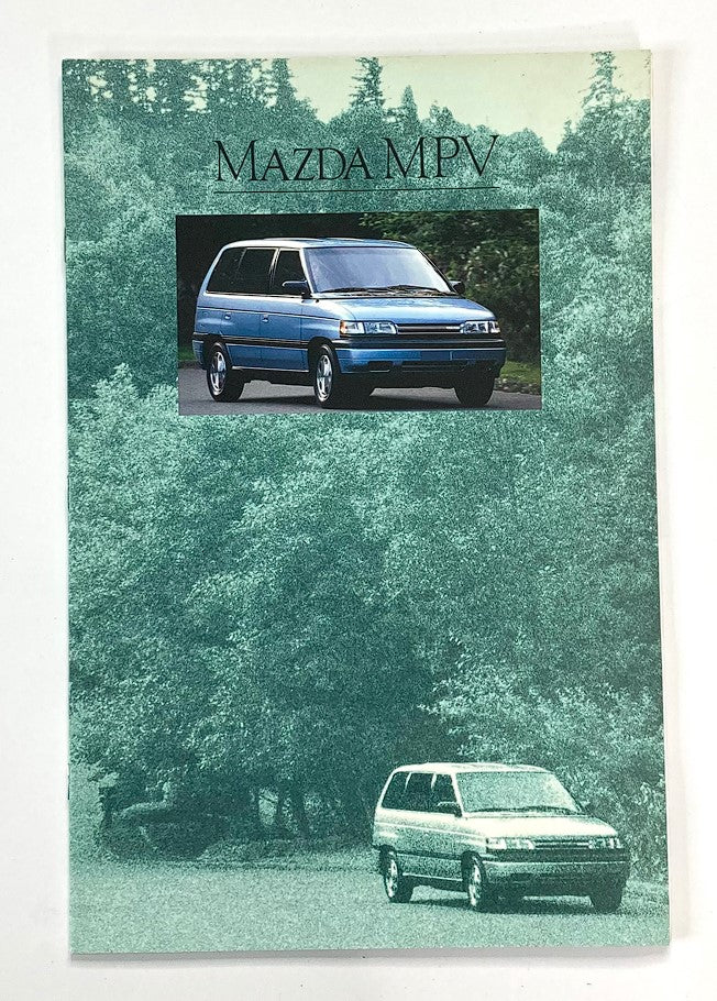 1990 Mazda MPV Dealer Showroom Sales Brochure showcasing the vehicle with a blue color model on a scenic background.