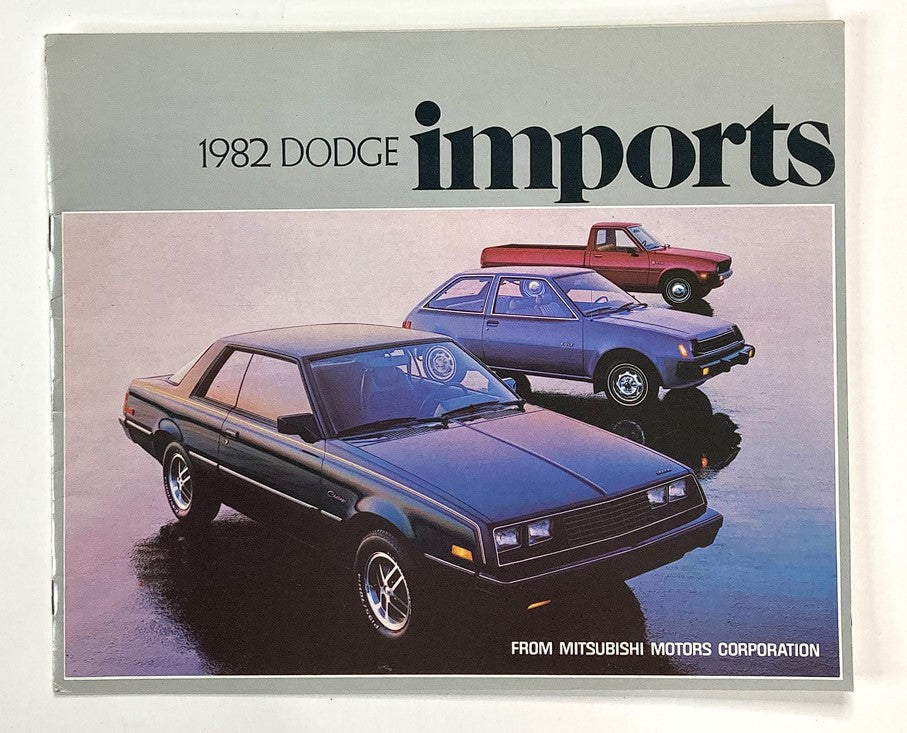 1982 Dodge Imports Dealer Showroom Sales Brochure Guide Catalog featuring three models, including a sporty sedan and compact car, showcasing stylish design and vehicle features.